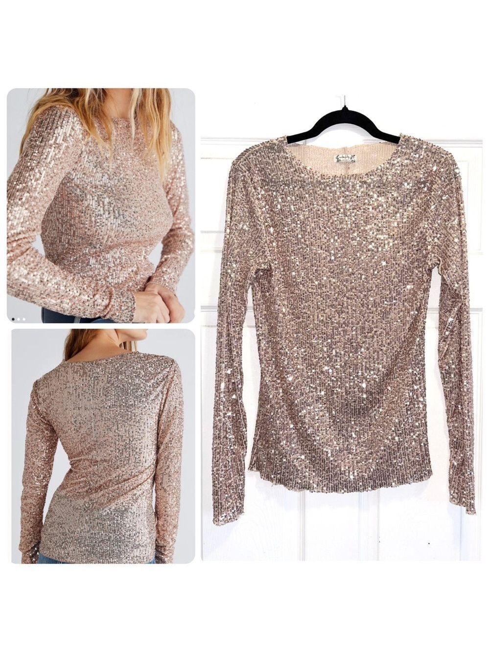 Free People Gold Rush Sequin Top in Rose Gold Combo Size Medium